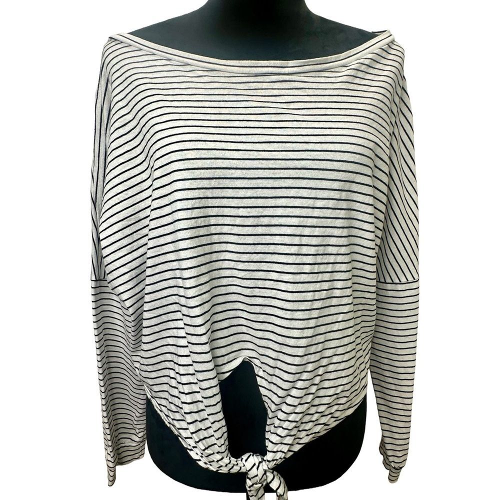 TTMYJ Black and White Striped Boat Neck Drop 3/4 Sleeve Front Knot Tie Top